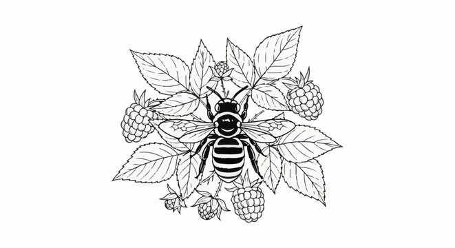 Detailed line art of a bee amidst raspberries and leaves