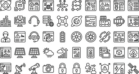 Space technology icon set featuring satellite communication telemetry solar energy monitoring systems and modern outline vector symbols collection © Tammim