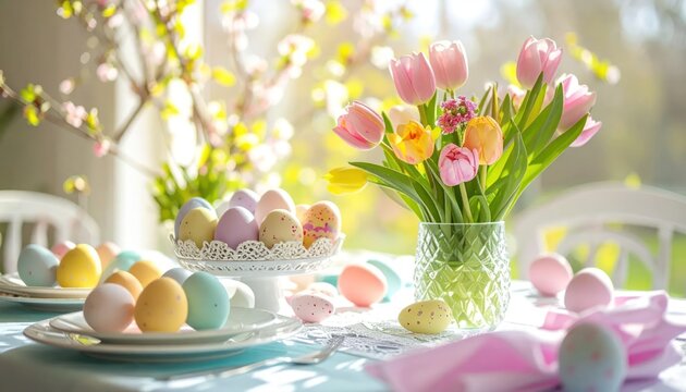 Beautiful Easter Table Setting with Colorful Eggs and Tulips in Sunlight.