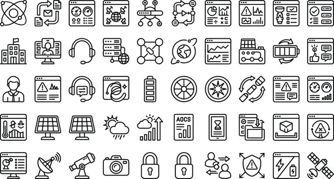 Space technology icon set featuring satellite communication telemetry solar energy monitoring systems and modern outline vector symbols collection