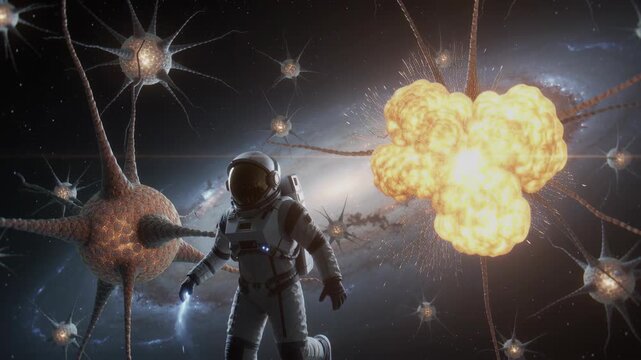 Astronaut standing among neural network explosions in cosmic galaxy. Man in spacesuit floating through abstract brain neurons.