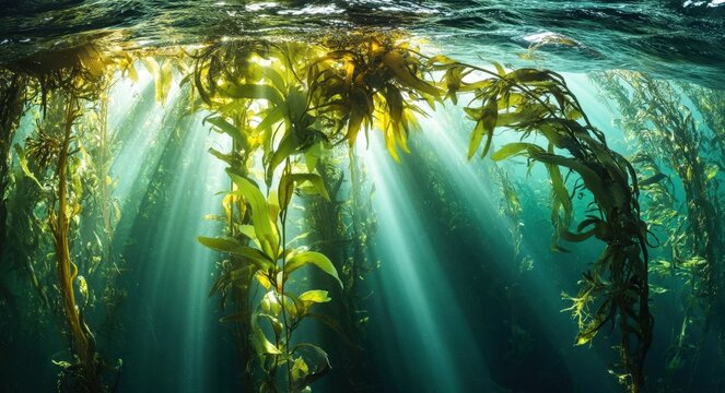 Sunlight filters through underwater kelp forest, illuminating tall green seaweed swaying in the ocean currents.