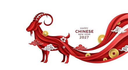 Obraz premium Happy Chinese New Year 2027 Goat Illustration with Red Swirls and Gold Coins.