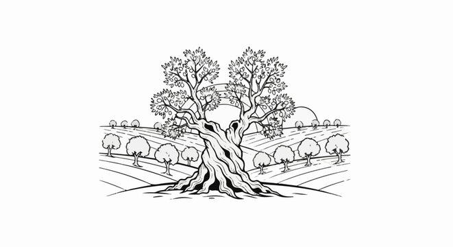 Ancient, gnarled tree with fruitful branches stands in a sun-drenched orchard