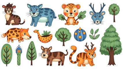 Obraz premium Top-Down Happy Children’s Artwork Pack – Whimsical Animals and Nature Elements, Marker-Style Hand-Drawn Vector Illustration Set, Isolated White Background