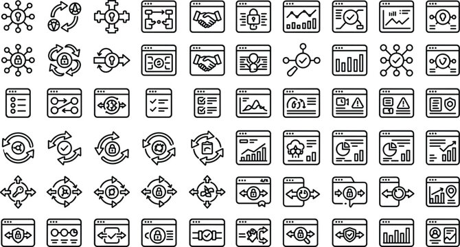 Business workflow automation icon set with process integration analytics dashboard management and modern digital outline vector UI symbols collection