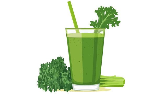 A refreshing green smoothie in a glass with a straw, accompanied by kale and celery