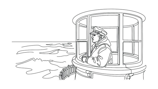 A lighthouse keeper standing inside the lantern room looking out at the ocean.