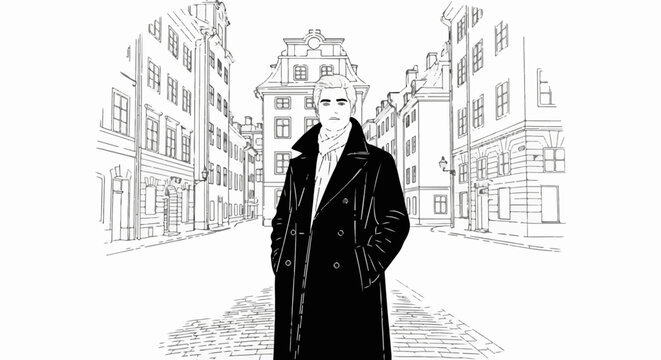 Man in trench coat on cobblestone street with old buildings