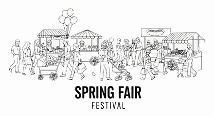 Obraz premium Lively outdoor festival scene with stalls, crowds, and strollers
