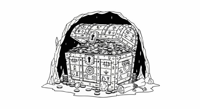 Ancient treasure chest brimming with coins and jewels, hidden within a dark cave