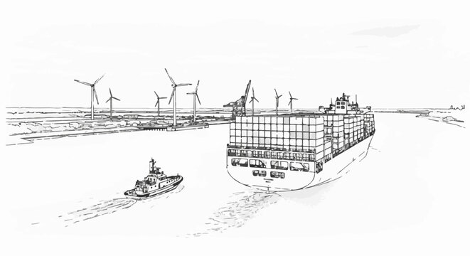 Large cargo ship and tugboat navigate a waterway with wind turbines in the background