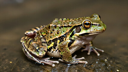 Fototapeta premium Green Frog on Rock: A close-up of a vibrant green frog with striking black spots, perched attentively on a wet, dark rock. The amphibian's textured skin and keen eyes are sharply in focus.