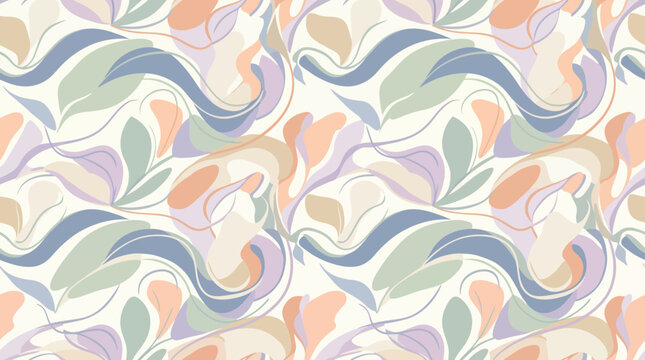 Abstract pastel pattern of flowing leaf-like shapes in soft colors and swirls.