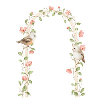 Watercolor arch with whimsical flowering climbing plant and cute birds. Isolated romantic design element for greeting or invitation wedding cards, cover or delicate background for your text. 