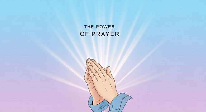 Hands clasped in prayer symbolizing faith and hope with radiant light rays against a gradient sky concept for spirituality and belief