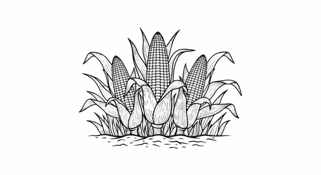 Black and white illustration of three corn stalks with husks and leaves
