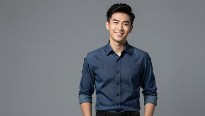 Fototapeta premium Confident Smile Portrait: A handsome individual exudes confidence with a warm, genuine smile. His pose and demeanor suggest approachability, success, and positivity. 
