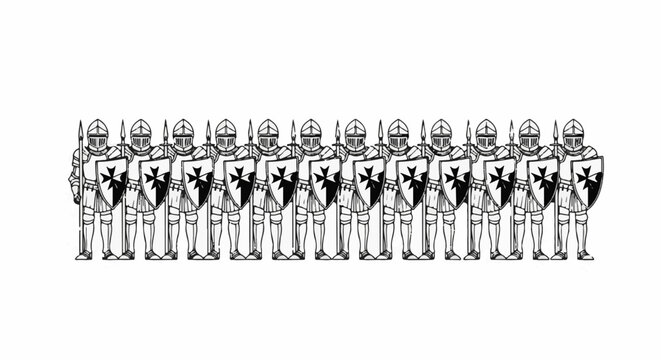 Line of armored warriors with shields and spears stands ready