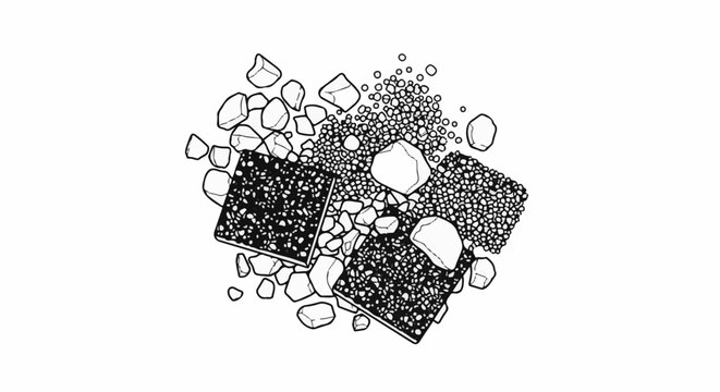 Overhead view of three speckled squares surrounded by pebbles and rocks