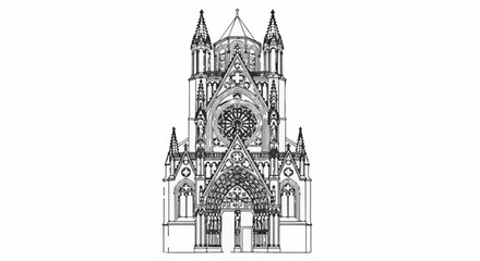Fototapeta premium Detailed line drawing of a Gothic cathedral facade with pointed arches and rose window