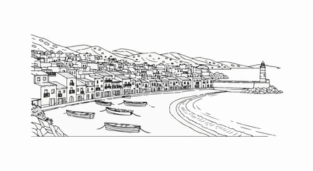 Fototapeta premium Seaside village with boats, lighthouse, and rolling hills under a clear sky