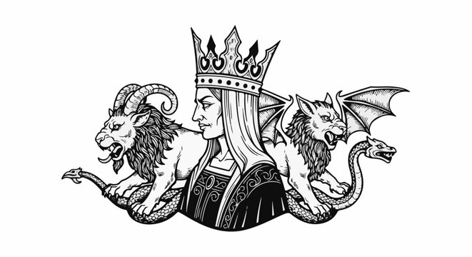 Regal figure crowned, flanked by fierce mythical creatures and serpentine beings