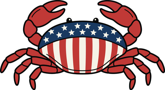 4th of July Crab with American Flag Shell Patriotic Independence Day Vector Illustration.