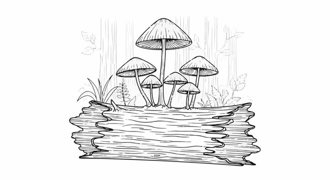 A cluster of mushrooms grows on a decaying log in a forest