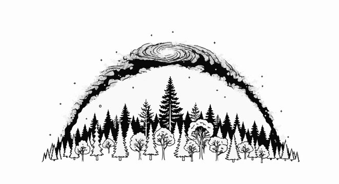 Stylized forest under a swirling cosmic cloud with scattered stars