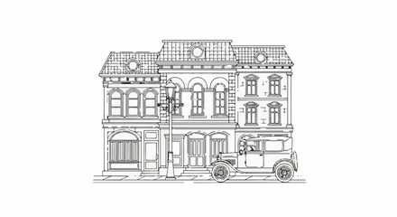 Obraz premium Vintage street scene with building and old car