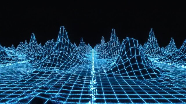 Futuristic blue neon wireframe landscape with digital mountains and a glowing grid path on a black background