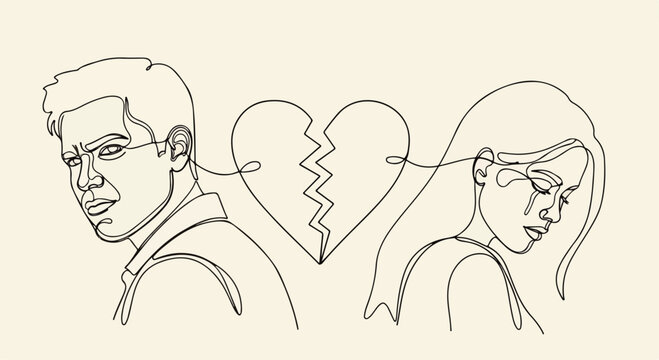 Continuous line art of a broken heart between a sad man and woman, minimalist couple breakup illustration, divorce and relationship end concept vector
