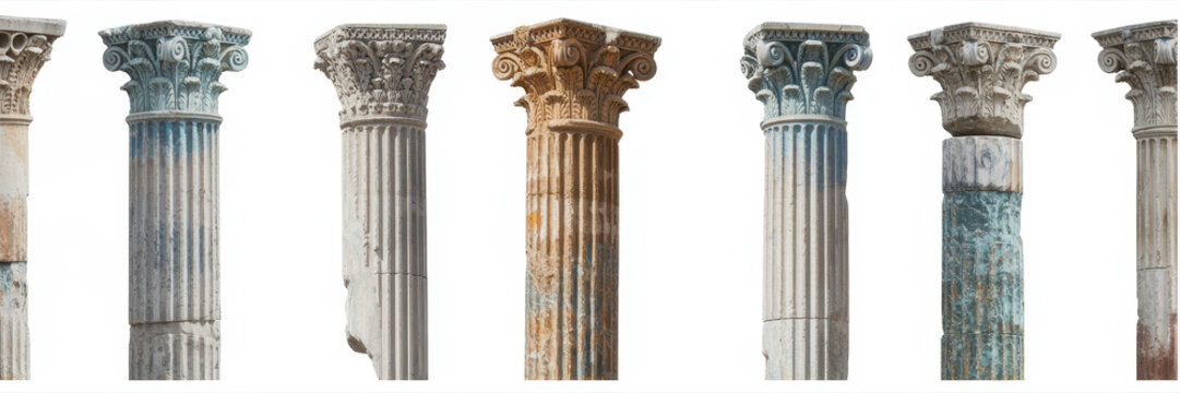 Collection of various ancient architectural stone columns isolated on a plain white background