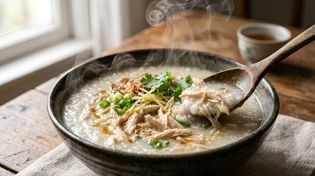 Warm bowl of traditional chicken and rice congee with fresh herbs and a side cup of tea
