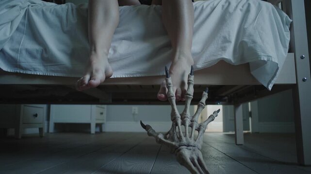 A child's legs dangle off the bed as a skeletal hand appears from below and grabs his leg in a sequence that illustrates night terrors.