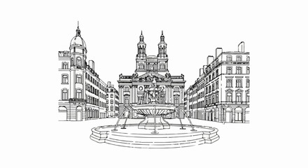 Fototapeta premium Black and white sketch of a European city square with a fountain and ornate buildings