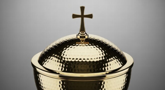 Close-up of a golden ciborium with a cross on top, symbolizing faith and worship
