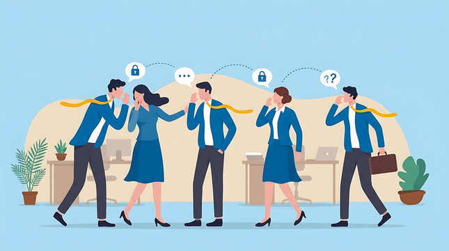 Professional business colleagues whispering secret confidential information during work representing corporate gossip, office rumor spread, viral communication, and internal networking.