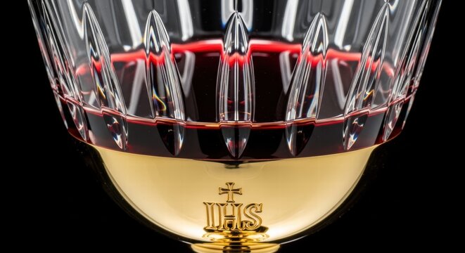 Close-up of a sacred chalice filled with red wine, featuring IHS symbol