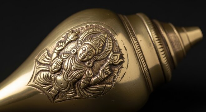 Intricate brass conch shell with deity carving, a sacred Hindu ritual object