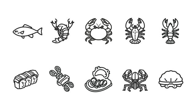Seafood Icons Collection: A curated set of seafood icons, perfect for culinary and design projects. Each icon showcases a different seafood element, from fish and shrimp to clams and mussels. 