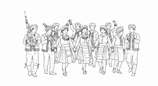 A group of people in traditional attire playing musical instruments and dancing
