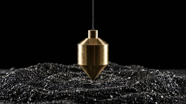 Corporate stability and financial navigation concept featuring brass plumb bob over volatile market debris on black background