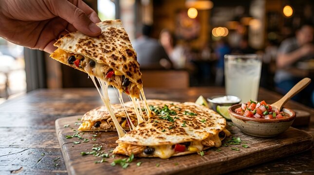 Delicious cheese and vegetable stuffed quesadilla with melted cheesy goodness and fresh side salad in a cozy restaurant setting