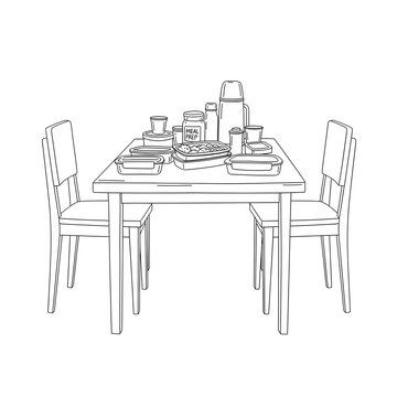 A simple line drawing of a dining table set for a meal with two chairs and various dishes