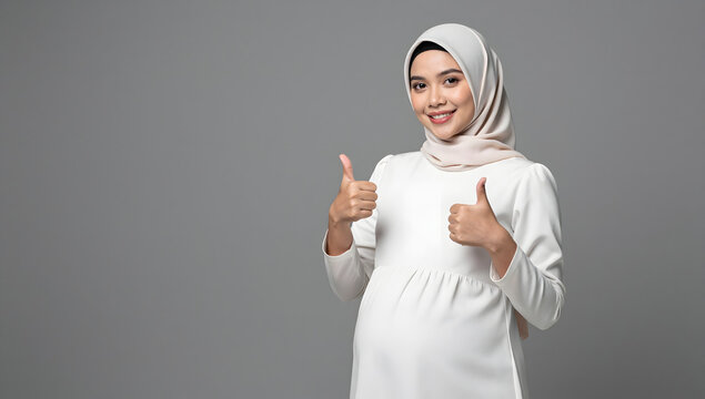 Contented Expectation: A radiant woman in modest attire, cradling her burgeoning belly with joy and anticipation, symbolizes the beautiful journey of pregnancy.