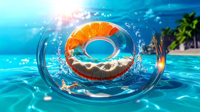 Surreal summer concept with orange fruit slice inflatable tube inside a splashing water sphere on tropical ocean background