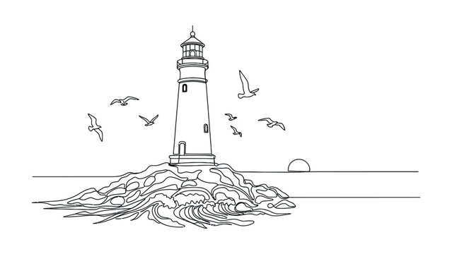 Minimalist hand drawn line art illustration of a lighthouse on rocky shore.