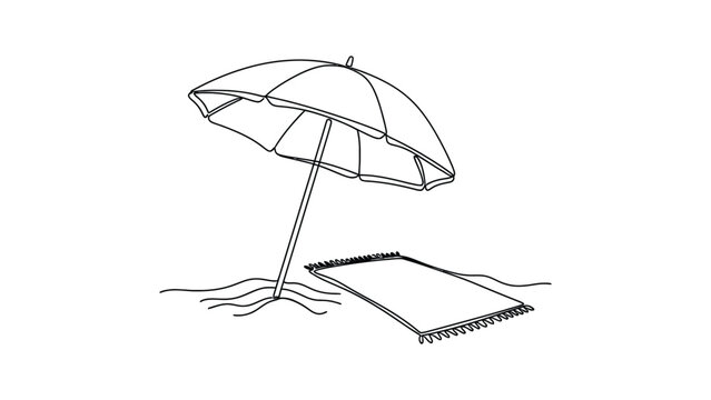 Continuous line drawing of a beach umbrella and towel on sand.
